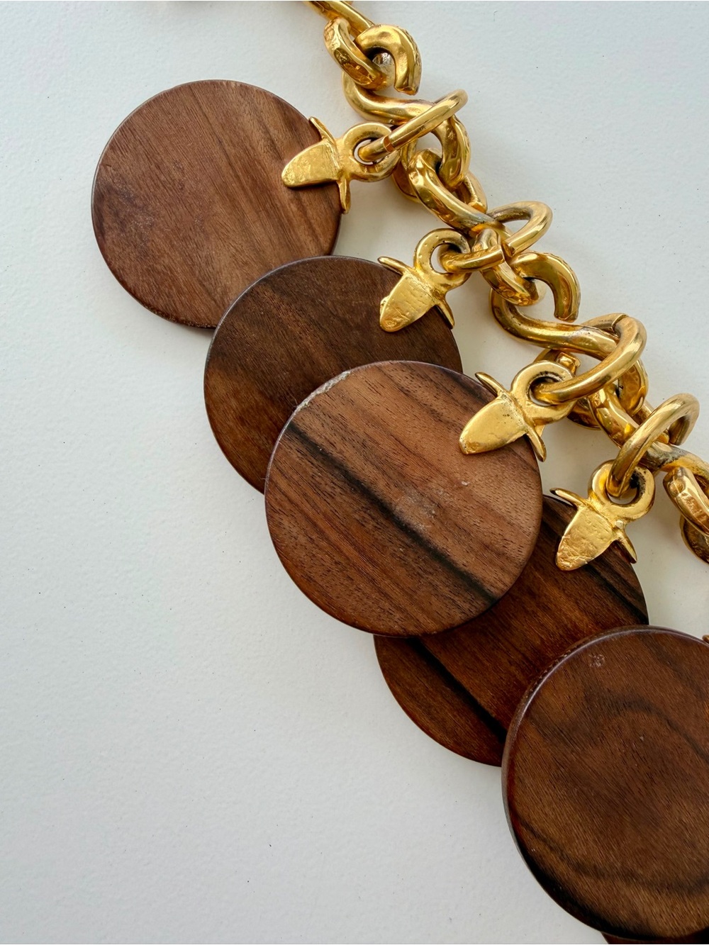 Celine Vintage Gold-Tone Chain Bracelet with Brown Wood Disc Charms - Picture 11 of 13